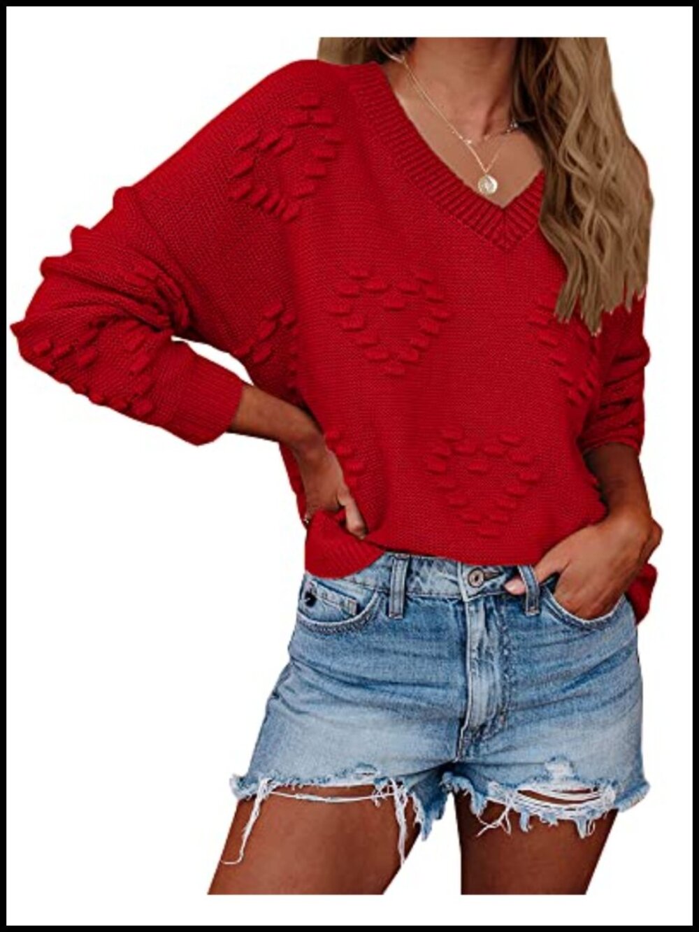 Cute Heart Print Oversized Crew Neck Pullover Sweater Women Loose Knit Acrylic